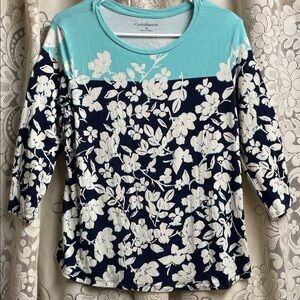 Croft And Barrow Women's Floral Long Sleeve Top/ Aqua and Navy Large Petite